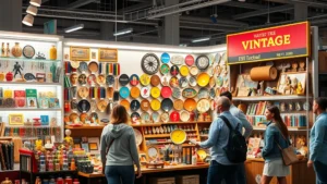 Professional vendor booth displaying organized vintage merchandise, colorful items arranged by category, bright LED lighting, well-designed price signage, customers browsing merchandise, modern retail environment, daytime photography