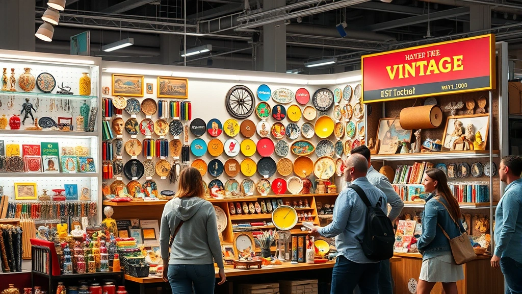 Professional vendor booth displaying organized vintage merchandise, colorful items arranged by category, bright LED lighting, well-designed price signage, customers browsing merchandise, modern retail environment, daytime photography