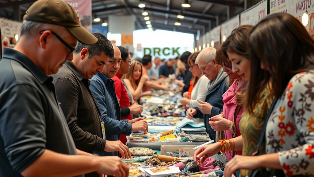 Diverse flea market customers examining items at various booths, hands touching merchandise, multiple vendor stalls visible in background, natural indoor market lighting, authentic shopping interaction, varied age groups and demographics