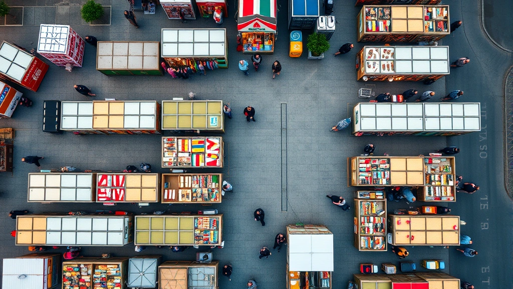 Aerial view of organized flea market layout with multiple vendor booths, colorful merchandise displays, customer pathways between stalls, vibrant market atmosphere, busy shopping environment, professional venue setup