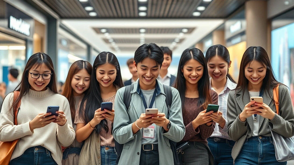 Diverse group of Asian consumers shopping on smartphones in modern urban environment, displaying various expressions of engagement and satisfaction, realistic mall or street setting with natural lighting