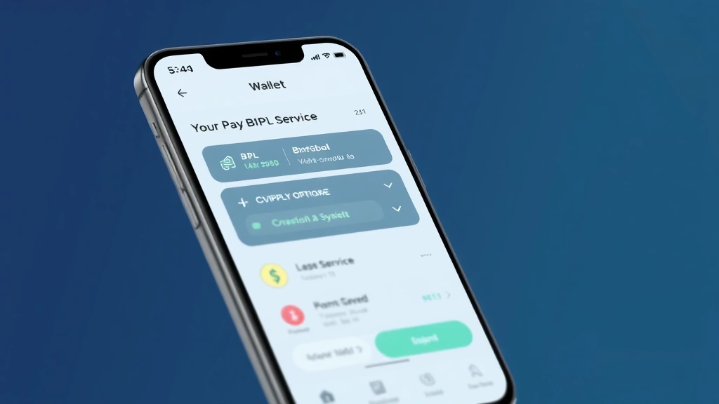 Digital payment transaction visualization showing mobile wallet interface, BNPL service selection, and cryptocurrency options, realistic mobile phone screen display with financial icons and data
