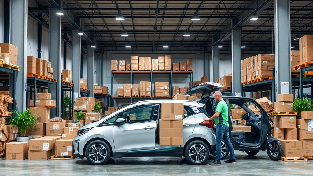 Sustainable e-commerce fulfillment center with eco-friendly packaging materials, recyclable boxes, and delivery personnel loading electric vehicles, showcasing modern green logistics operations