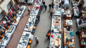 Professional overhead shot of organized flea market vendor stalls displaying diverse merchandise including electronics, textiles, and furniture items on white tablecloths, natural daylight, busy shopping atmosphere with multiple customers browsing