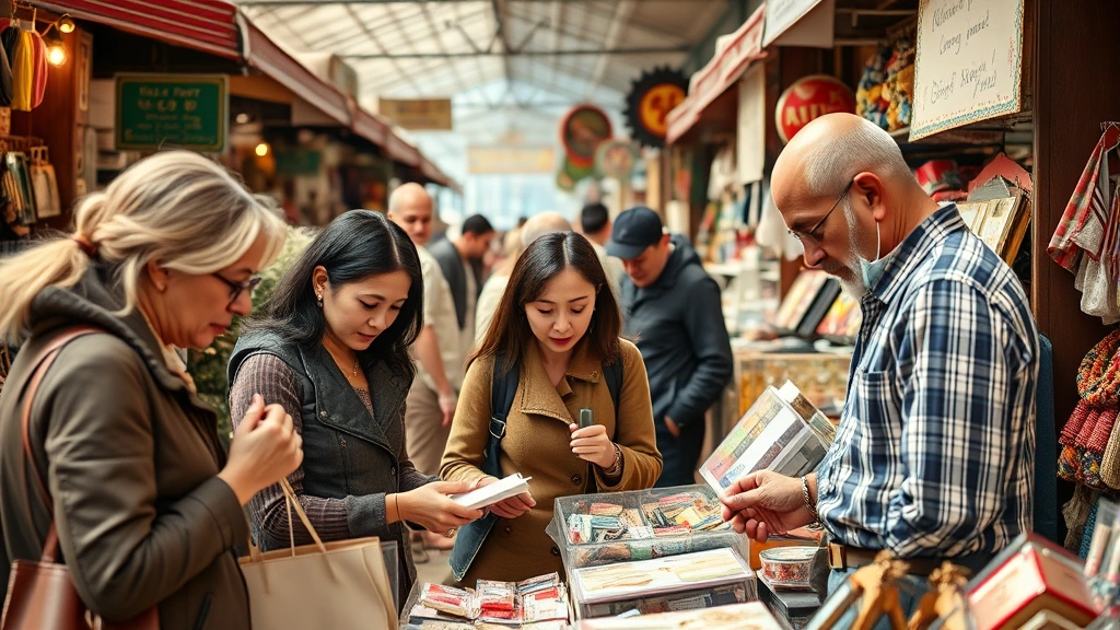 Candid photograph of diverse shoppers examining items at vintage market stalls, showing genuine interaction between customers and merchandise, natural expressions, daytime lighting, authentic marketplace environment with various product categories visible