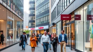 Professional business district in Maryland with modern retail storefronts and diverse shoppers walking between stores, natural daylight, urban commerce setting, high-quality photography