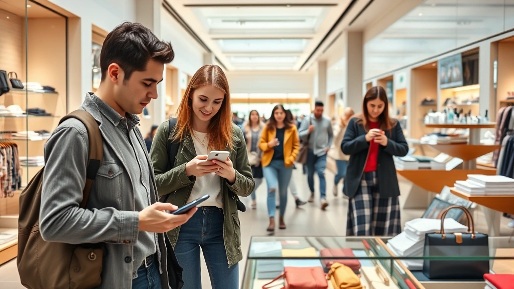 Young professionals shopping in modern retail environment with clean contemporary design, using mobile devices and interacting with products, natural lighting, upscale merchandise displays