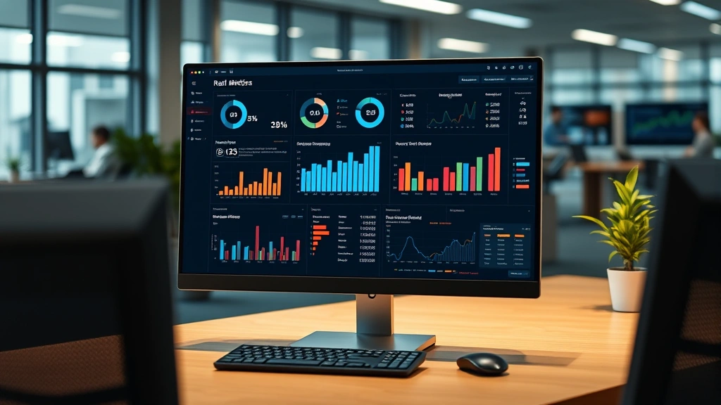 Data analytics dashboard displayed on computer screen showing retail metrics, consumer behavior charts, and market analysis graphs, professional business office environment, technology-focused