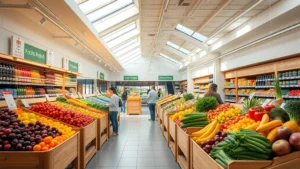 Bright, modern grocery store interior with abundant fresh produce displays, wooden produce bins, natural lighting from skylights, customers shopping, vibrant colorful fruits and vegetables, clean contemporary retail space, photorealistic daytime scene