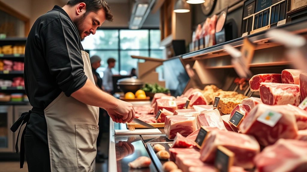 Grocery store deli counter with butcher in apron preparing fresh meat, professional butcher shop display case with various cuts of meat, natural lighting, expertise and craftsmanship in food preparation, professional retail environment