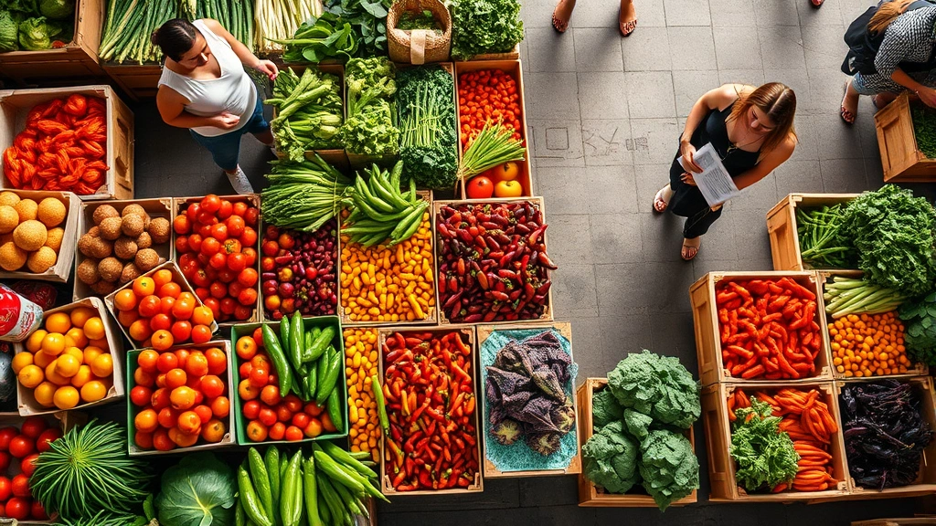 Overhead view of vibrant farmers market stall with colorful fresh produce—tomatoes, peppers, leafy greens—arranged in wooden crates, shoppers browsing in soft natural light