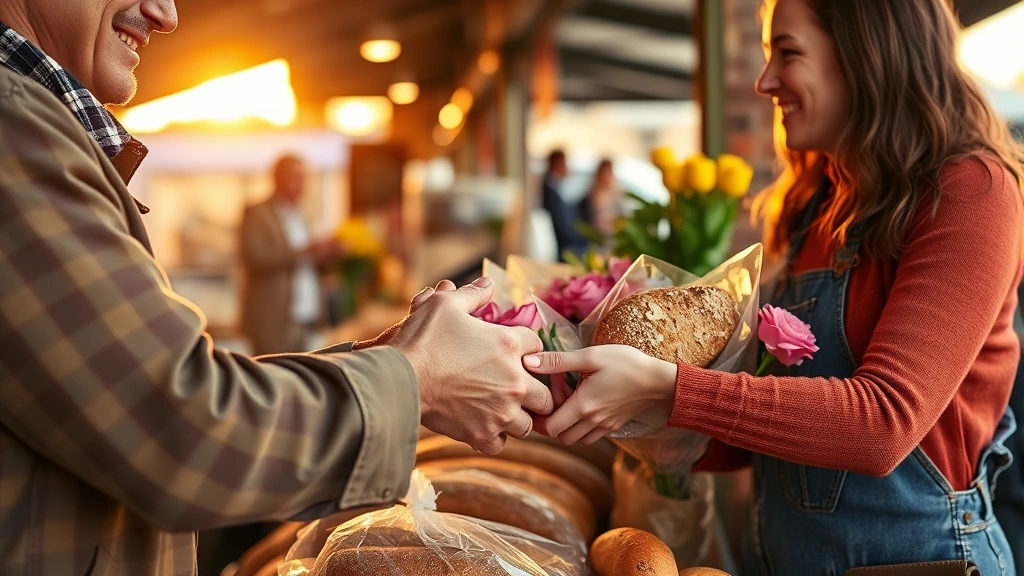 Close-up of hands exchanging fresh bread and flowers at market counter, smiling vendor and customer interaction, warm golden hour lighting, community connection