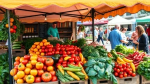 Vibrant farmers market outdoor vendor booth displaying fresh colorful produce including heirloom tomatoes, peppers, and leafy greens with customers shopping, natural daylight, photorealistic, no signage text visible