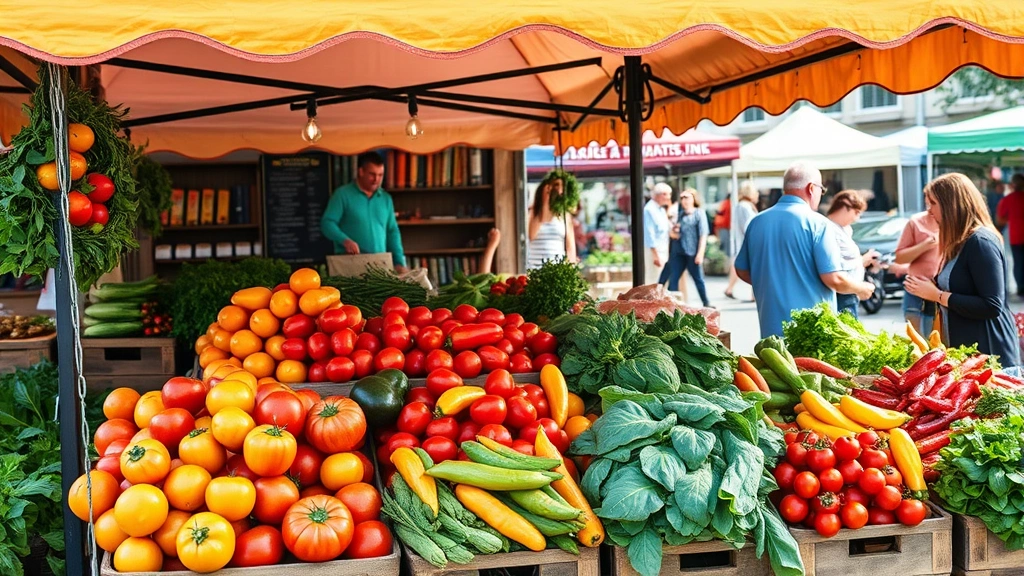 Vibrant farmers market outdoor vendor booth displaying fresh colorful produce including heirloom tomatoes, peppers, and leafy greens with customers shopping, natural daylight, photorealistic, no signage text visible