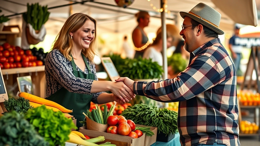 Close-up of hands exchanging fresh local vegetables and products between smiling female vendor and male customer at farmers market stall, warm natural lighting, authentic interaction moment