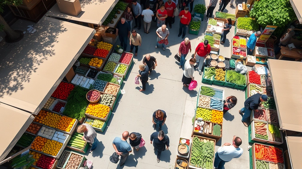 Wide overhead view of busy farmers market with multiple vendor booths, diverse shoppers browsing products, baskets and bags of fresh produce, community marketplace atmosphere, bright day