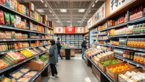 Japanese grocery store interior with organized shelves displaying authentic Asian products, fresh produce sections, and organized pantry items, bright natural lighting, customers browsing products, professional retail environment
