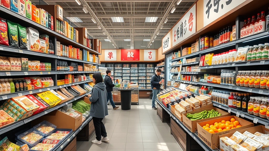Japanese grocery store interior with organized shelves displaying authentic Asian products, fresh produce sections, and organized pantry items, bright natural lighting, customers browsing products, professional retail environment
