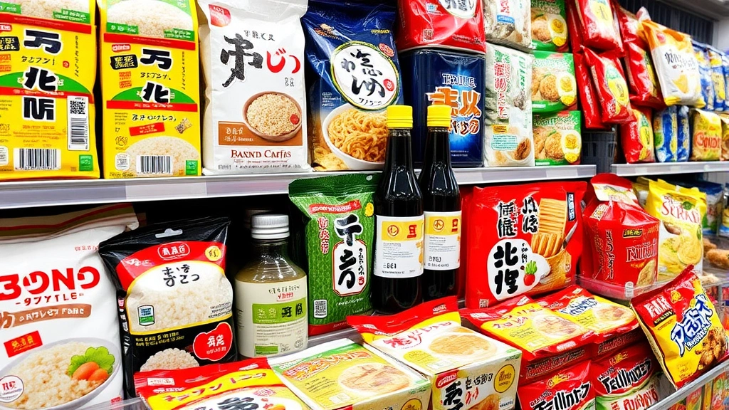 Close-up of specialty Japanese food products including colorful packaging, rice varieties, soy sauce bottles, noodles, and traditional snacks arranged on store shelves, vibrant product displays, premium retail presentation