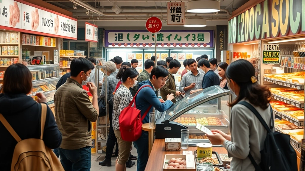 Busy checkout counter at Japanese specialty market with staff assisting customers, register area, prepared foods display case visible in background, authentic retail atmosphere, diverse customer base shopping