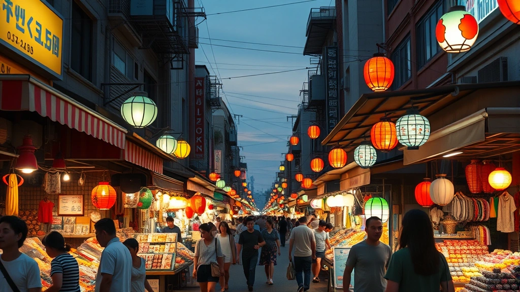 Bustling Asian night market street scene with colorful vendor stalls, hanging lights, and diverse shoppers browsing merchandise displays at evening time, photorealistic urban commerce setting