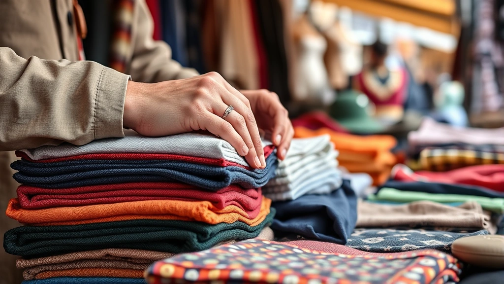 Close-up of hands examining folded clothing and textiles at market vendor stall, showing quality inspection process with natural lighting and merchandise details visible