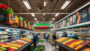 A busy Northgate Market store interior with colorful produce displays, fresh vegetables and fruits arranged in abundance, shoppers browsing aisles, bright fluorescent lighting, Hispanic and Latin American food products visible on shelves, professional grocery store environment