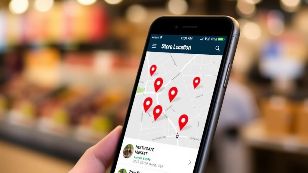 Modern smartphone screen showing a store locator map interface with location pins marking multiple Northgate Market stores, GPS navigation details, store hours and distance information displayed, clean digital interface design