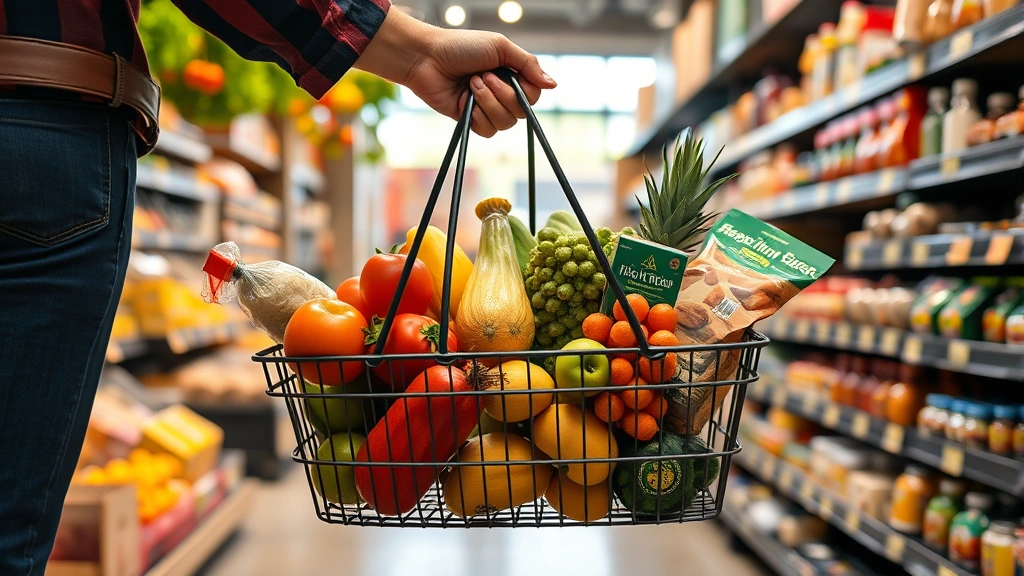 A customer holding a shopping basket filled with fresh produce, specialty Hispanic groceries, and packaged items in a grocery store setting, natural lighting highlighting the quality of products, diverse selection of items visible