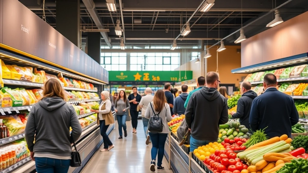 Busy grocery store interior with customers shopping in produce section, bright natural lighting, fresh vegetables displayed, modern supermarket setting, diverse shoppers selecting items