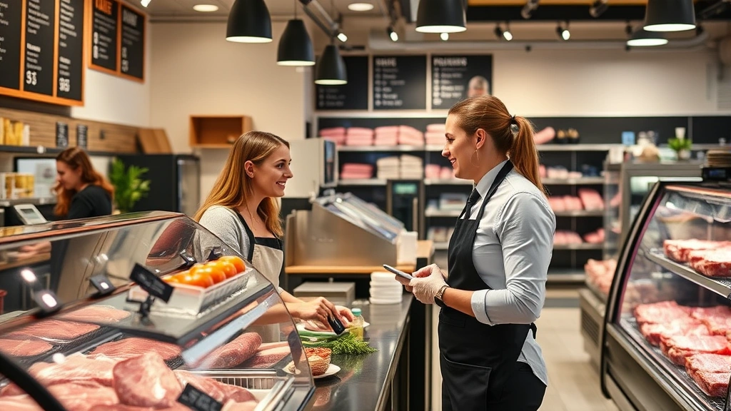Professional butcher counter with knowledgeable staff member assisting female customer, premium meat display cases, clean modern deli environment, personalized service interaction
