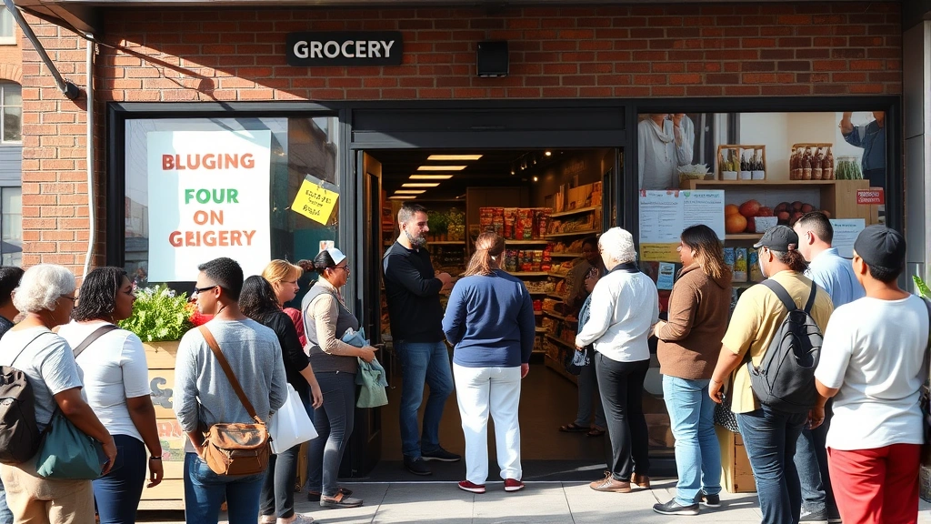 Community gathering at local grocery store entrance, customers and staff interacting, neighborhood storefront, welcoming retail environment, diverse community members, daytime exterior