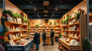 Professional retail booth display with warm holiday lighting, artisan products arranged strategically, customers browsing merchandise, festive seasonal decorations, wooden shelving with gift items
