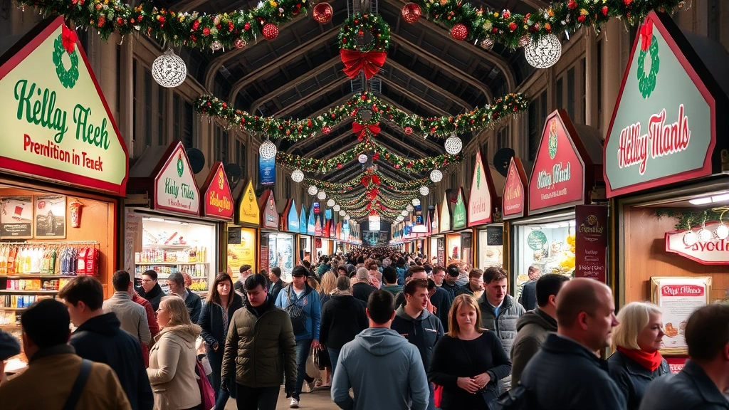 Diverse vendors and shoppers at busy holiday market, multiple colorful booths with distinct branding, holiday decorations overhead, crowded shopping environment with warm lighting, festive atmosphere