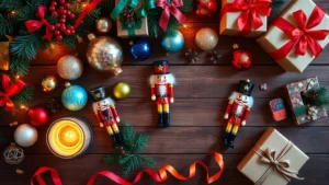 Overhead view of colorful holiday ornaments, nutcracker figurines, and festive decorations arranged on wooden table with warm lighting, gift ribbons visible