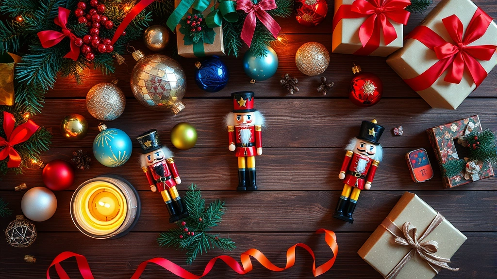 Overhead view of colorful holiday ornaments, nutcracker figurines, and festive decorations arranged on wooden table with warm lighting, gift ribbons visible