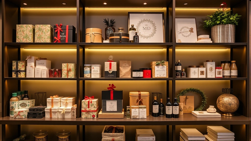 Luxury holiday gift boxes, premium home décor pieces, and artisanal products displayed on elegant shelving with warm ambient lighting and decorative elements