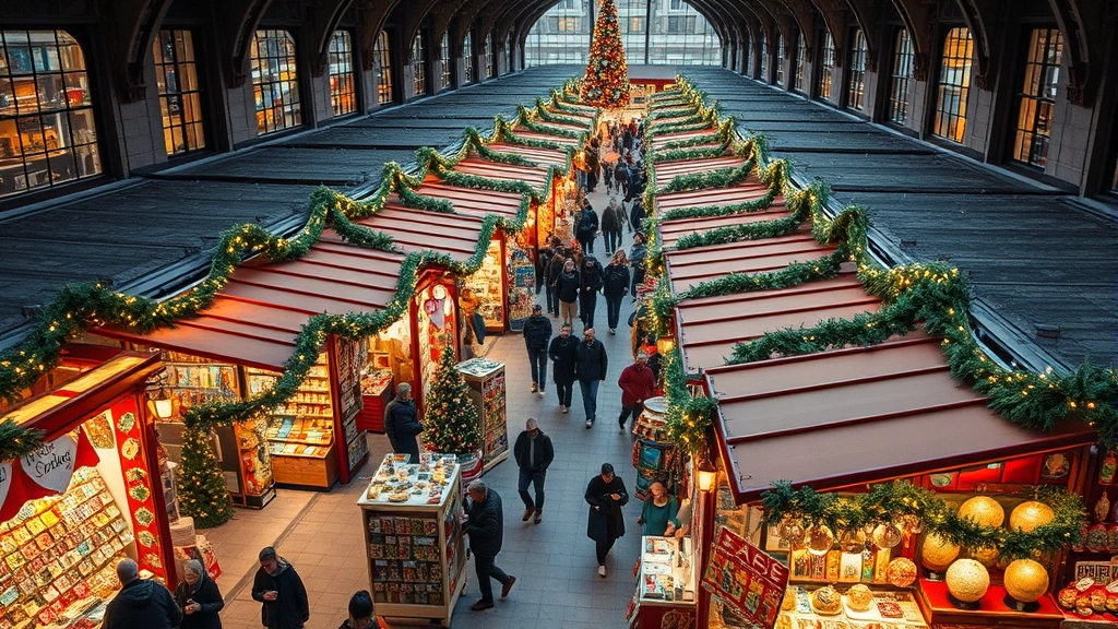 Wide overhead shot of bustling holiday marketplace with dozens of colorful vendor booths decorated with festive garlands and warm lighting, shoppers browsing merchandise, close-up details of artisan gift displays with handcrafted ornaments and unique products