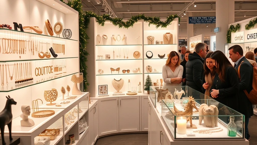 Bright, modern boutique vendor booth showcasing jewelry, accessories, and home décor items arranged artfully on white shelving and displays, warm holiday lighting creating inviting ambiance, diverse shoppers examining products with interest