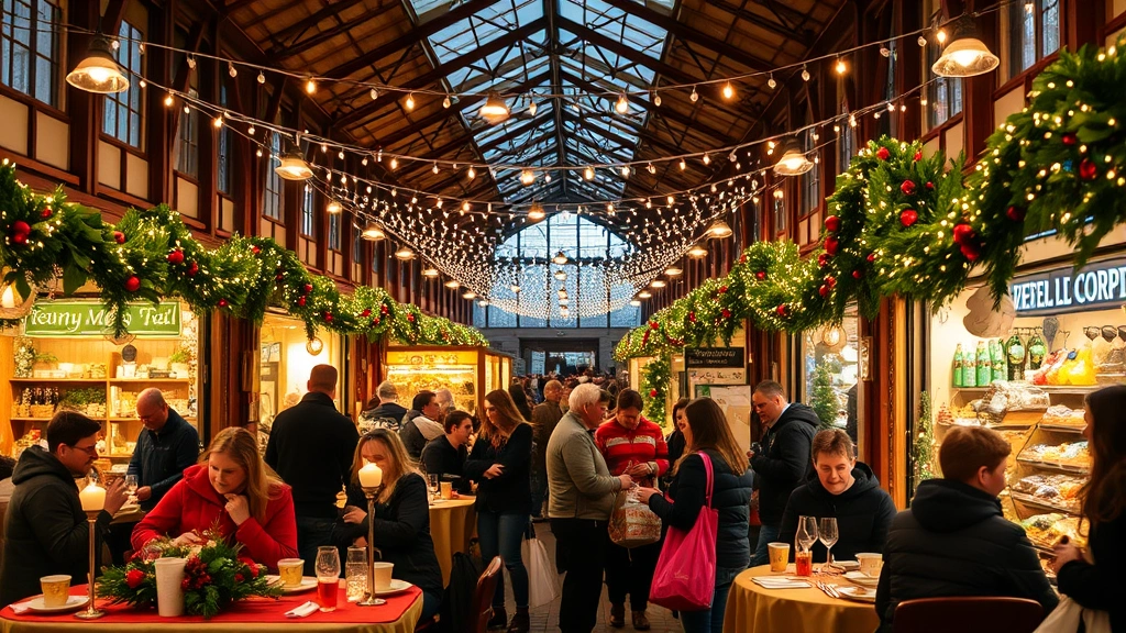 Festive holiday market dining area with string lights overhead, shoppers enjoying seasonal beverages and food, decorated tables with holiday centerpieces, joyful atmosphere with people mingling and shopping bags visible, warm golden-hour lighting