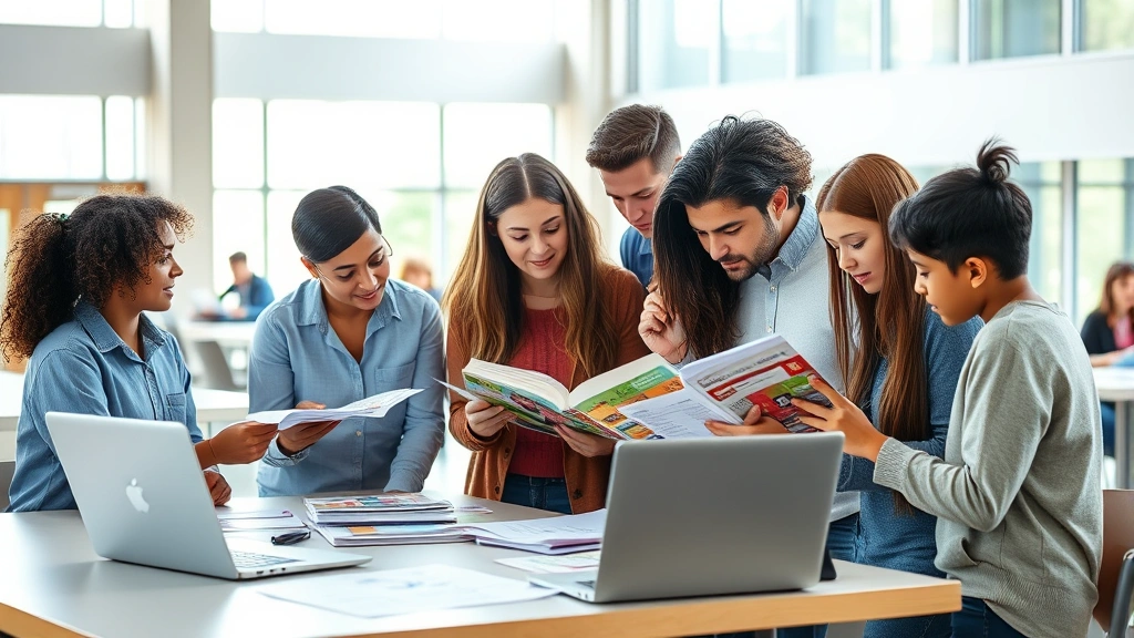 Diverse group of parents and students reviewing school application materials and brochures at a table in a modern educational facility, natural lighting, professional setting, documents and laptops visible