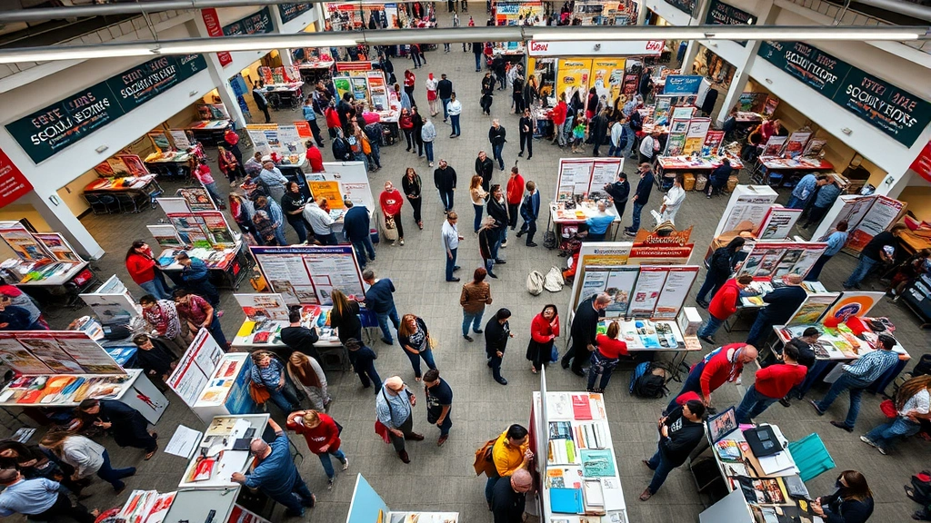 Wide overhead view of a bustling school fair with multiple informational booths, families browsing materials, diverse attendees in casual clothing, bright fluorescent lighting, colorful signage and displays