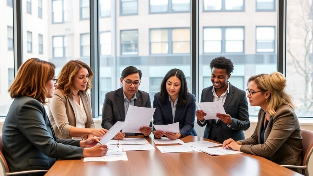 Professional diverse team of educators and administrators sitting around conference table reviewing vendor proposals and documents, modern NYC school building visible through windows, natural lighting, focused discussion atmosphere, business casual attire