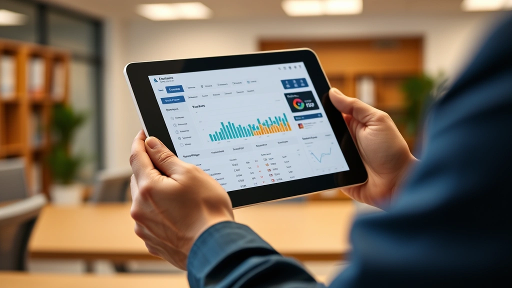 Close-up of hands holding tablet displaying education software dashboard with student data analytics, professional office environment, warm neutral tones, showing technology integration in school administration