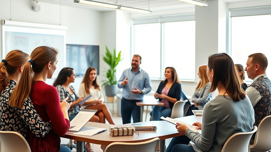 Group of teachers in professional development workshop setting, instructor presenting at front of modern classroom, attendees taking notes, collaborative learning environment, diverse participants, bright natural lighting from classroom windows