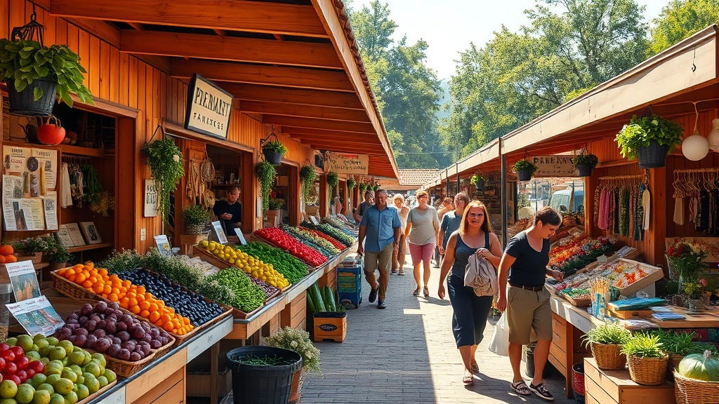 Vibrant farmers market scene with diverse vendors at colorful wooden stalls displaying fresh produce, flowers, and artisanal products, busy shoppers walking between booths, natural sunlight streaming through, diverse community gathering atmosphere, photorealistic