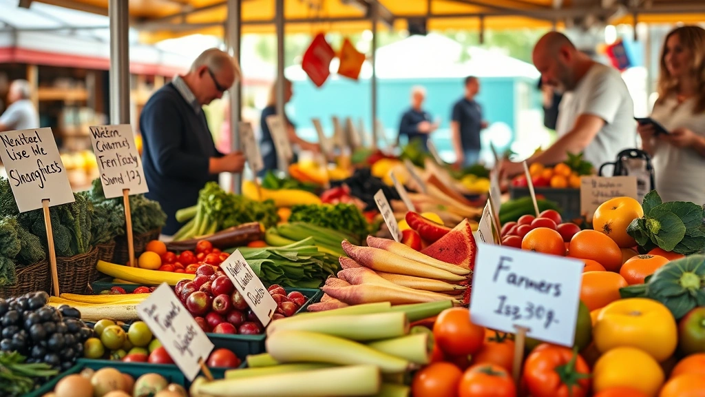 Close-up of farmers market vendor carefully arranging fresh vegetables and fruits in professional booth display with clear handwritten price signs and organized product layout, customer browsing in background, warm natural lighting