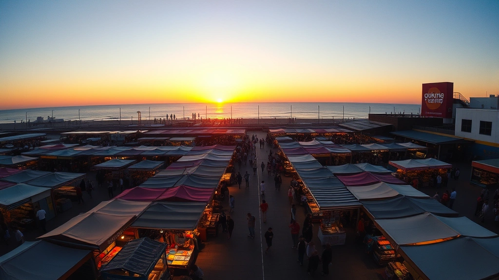 Aerial view of outdoor market at sunset with colorful vendor booths, customers browsing, ocean horizon visible in background, golden hour lighting, bustling crowd walking between stalls