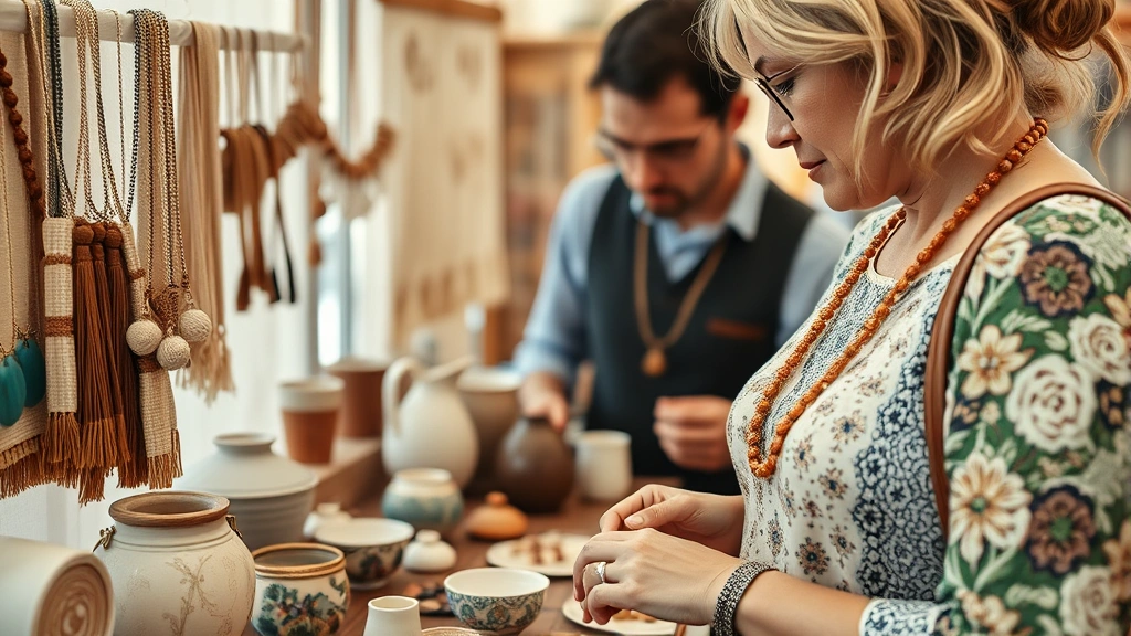 Close-up of artisanal vendor booth displaying handcrafted jewelry, ceramics, and textiles with customer examining products, natural lighting emphasizing product quality and craftsmanship details