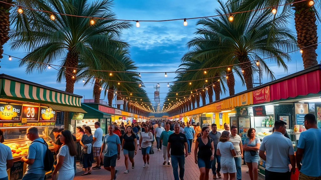 Wide shot of market gathering space with mixed demographics shopping, food vendors serving customers, string lights overhead, palm trees framing scene, relaxed evening atmosphere with community engagement